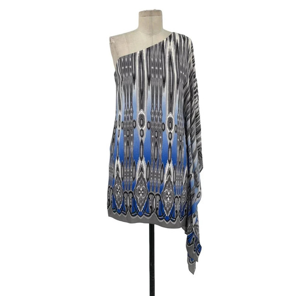 Jay Godfrey Paradis Silk One‎ Shoulder Aztec Print Mini Dress Gray Blue Size 6 - Picture 1 of 8
